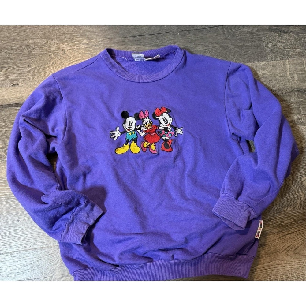 Vintage Disney Crewneck Purple Embroidered Mickey Minnie Daisy Kids Size 14